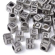 Antique Style Acrylic Beads, Horizontal Hole, Cube with Initial Letter, Antique Silver Plated, 6x6x6mm, Hole: 3mm, about 138pcs/23g(X-PACR-Q118-01AS)