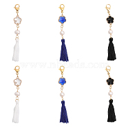 6Pcs 3 Colors Cotton Thread Tassel Big Pendant Decorations, with Natural Pearl Beads, Alloy Glass Links and 304 Stainless Steel Lobster Claw Clasps, Flower, Mixed Color, 82mm, 2Pcs/color(HJEW-CA0001-48)