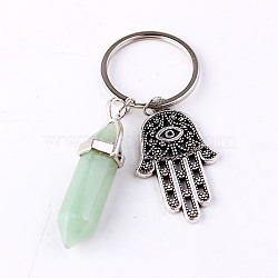 Alloy Hamsa Hand/Hand of Miriam Pendant Keychain, with Natural Green Aventurine Bullet/Hexagon Prism Pendant, Gemstone Pendant: 4x1.3cm(WG78090-06)