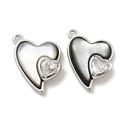Natural Black Lip Shell Pendants, Brass Pave Clear Glass Heart Charms, Real Platinum Plated, 16.5x12x5mm, Hole: 1.2mm(KK-L211-010P-03)