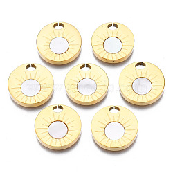 316 Surgical Stainless Steel Pendants, with Shell, Real 14K Gold Plated, Flat Round, Seashell Color, 17x3mm, Hole: 3.5x2.5mm(STAS-N097-042A-01)