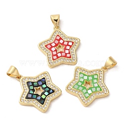 Star Rack Plating Brass Cubic Zirconia Pendants, with Enamel & Shell, Long-Lasting Plated, Lead Free & Cadmium Free, Real 18K Gold Plated, Mixed Color, 20x19x2mm, Hole: 4x5mm(KK-K385-050G)