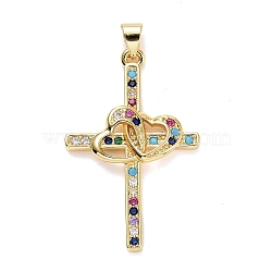 Brass Micro Pave Colorful Cubic Zirconia Pendants, Long-Lasting Plated, Cross with Heart, Colorful, 35.5x22.5x3.5mm, Hole: 5x3mm, 5pcs/box(ZIRC-SZ0003-94G-B)