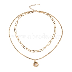 Vacuum Plating 304 Stainless Steel Double Chains Multi Layered Necklace with Rings Charm for Women, Golden, 16.34 inch(41.5cm)(STAS-E155-15G)