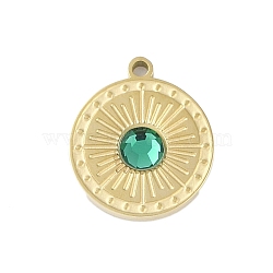 Glass Pendants, with Ion Plating(IP) 304 Stainless Steel Findings, Manual Polishing, Real 18K Gold Plated, Sun Charms, Flat Round, 13.5x12x2.5mm, Hole: 1.2mm(STAS-P366-37A-G)