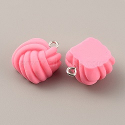 Opaque Resin Pendants, Frosted Square Yarn Ball Charms, with Platinum Tone Iron Findings, Hot Pink, 20x15.5x11mm, Hole: 2mm(RESI-WH0029-24P-05)