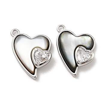 Natural Black Lip Shell Pendants, Brass Pave Clear Glass Heart Charms, Real Platinum Plated, 16.5x12x5mm, Hole: 1.2mm