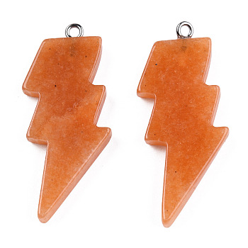 Natural Red Aventurine Pendants, Lightning Bolt Charm, with Stainless Steel Color Tone 304 Stainless Steel Loops, 40~44.5x17~20x4.5~6mm, Hole: 2mm