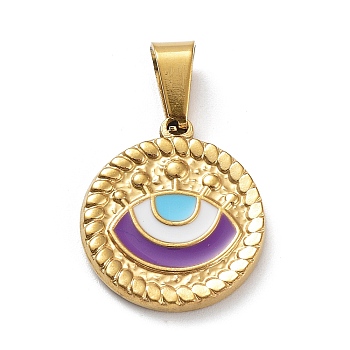 Ion Plating(IP) 304 Stainless Steel Pendants, with Enamel, Golden, Flat Round with Evil Eye Charm, Dark Orchid, 18.5x16.5x2mm, Hole: 7.5x3.5mm