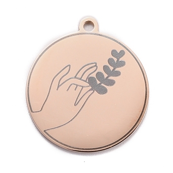 304 Stainless Steel Pendants, Flat Round with Hand & Grass, Rose Gold, 28x25x1.4mm, Hole: 2mm