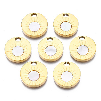 316 Surgical Stainless Steel Pendants, with Shell, Real 14K Gold Plated, Flat Round, Seashell Color, 17x3mm, Hole: 3.5x2.5mm