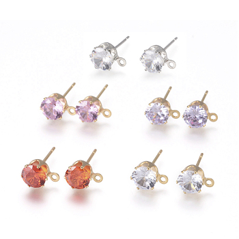 Brass Stud Earring Findings, with 316 Surgical Stainless Steel Pin, Cubic Zirconia and Loop, Long-Lasting Plated, Flat Round, Mixed Color, Mixed Color, 8x6x5.5mm, Hole: 1mm, Pin: 0.7mm