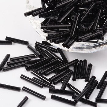 Glass Bugle Beads, Black, about 2.5mm wide, 12~15mm long, hole: 0.5mm, about 3500pcs/one pound