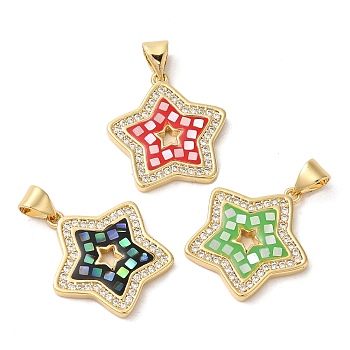 Star Rack Plating Brass Cubic Zirconia Pendants, with Enamel & Shell, Long-Lasting Plated, Lead Free & Cadmium Free, Real 18K Gold Plated, Mixed Color, 20x19x2mm, Hole: 4x5mm