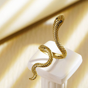 Adjustable 304 Stainless Steel Open Cuff Rings, Snake, Real 18K Gold Plated, 55mm, Inner Diameter: 18mm