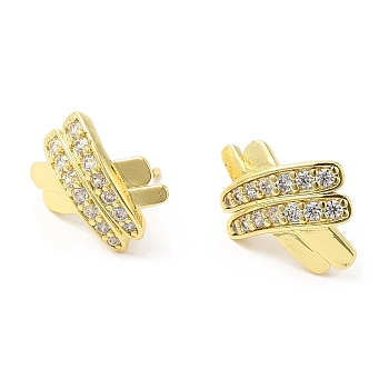 Rack Plating Brass Pave Cubic Zirconia Criss Cross Stud Earrings for Women, Long-Lasting Plated, Lead Free & Cadmium Free, Real 18K Gold Plated, 12x14mm