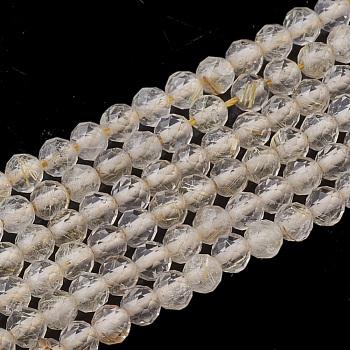Natural Gold Rutilated Quartz Beads Strands, Faceted Round, 4x3.5mm, Hole: 0.5mm, about 116pcs/strand, 15.5 inch