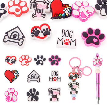10Pcs 10 Styles Dog Paw Print Food Grade Eco-Friendly Silicone Beads, DIY Necklaces Making, Mixed Shapes, Mixed Color, 24~29x23~30x8~9mm, Hole: 2~4mm, 1pc/style
