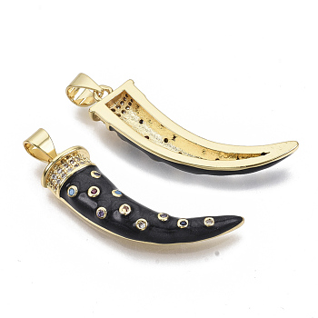 Brass Micro Pave Cubic Zirconia Pendants, with Enamel and Brass Snap on Bails, Scabbard/Tusk, Real 18K Gold Plated, Black, 28x9x5mm, Hole: 3x5mm