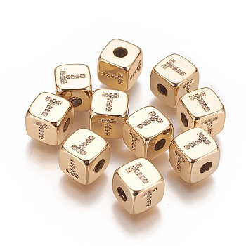 Brass Micro Pave Cubic Zirconia Beads, Horizontal Hole, Real 18K Gold Plated, Long-Lasting Plated, Cube with Letter, Clear, Letter.T, 9x9x9mm, Hole: 3.5mm