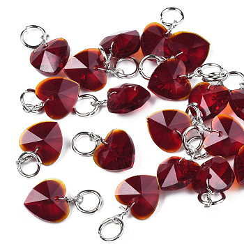 Faceted Transparent Glass Charms, with Iron Jump Ring, Heart, Dark Red, 13~14x10x5~6mm, Hole: 4mm