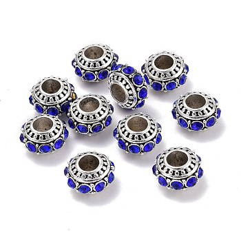 Alloy European Beads, with Rhinestone, Large Hole Beads, Rondelle, Antique Golden, Sapphire, 13x7mm, Hole: 5mm
