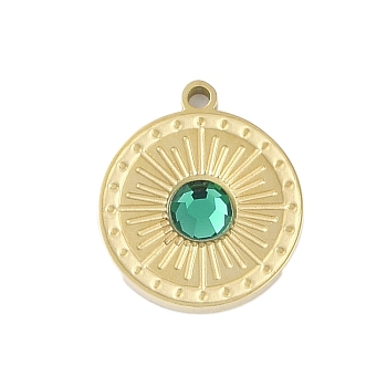 Glass Pendants, with Ion Plating(IP) 304 Stainless Steel Findings, Manual Polishing, Real 18K Gold Plated, Sun Charms, Flat Round, 13.5x12x2.5mm, Hole: 1.2mm