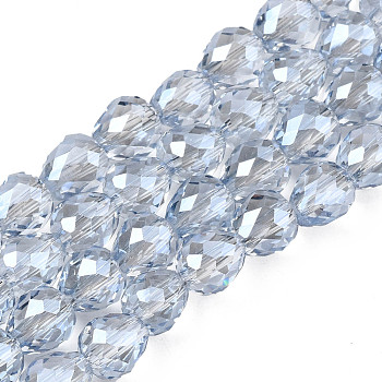 Electroplate Transparent Glass Beads Strands, Pearl Luster Plated, Faceted, Strawberry, Light Blue, 6x6mm, Hole: 1.4mm, about 100pcs/strand, 24.02 inch(61cm)