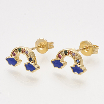 Brass Cubic Zirconia Stud Earrings, with Enamel and Ear Nuts, Rainbow, Golden, Blue, 6x11mm, Pin: 0.7mm