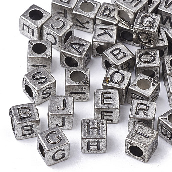 Antique Style Acrylic Beads, Horizontal Hole, Cube with Initial Letter, Antique Silver Plated, 6x6x6mm, Hole: 3mm, about 138pcs/23g