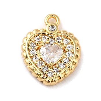 Brass Micro Pave Cubic Zirconia Pendants, Real 18K Gold Plated, Heart, Clear, 14x11x3.5mm, Hole: 1.2mm