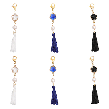 6Pcs 3 Colors Cotton Thread Tassel Big Pendant Decorations, with Natural Pearl Beads, Alloy Glass Links and 304 Stainless Steel Lobster Claw Clasps, Flower, Mixed Color, 82mm, 2Pcs/color