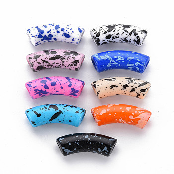 Opaque Spray Painted Acrylic Beads, Two Tone, Curved Tube, Mixed Color, 36x13.5x11.5mm, Hole: 4mm