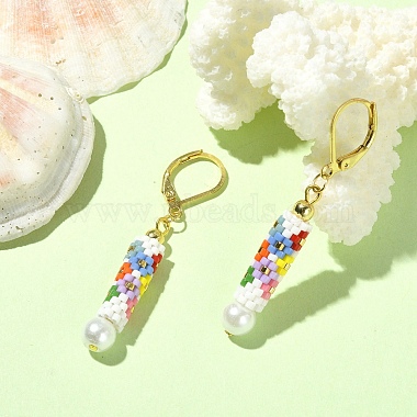Glass Seed Braided Column with Flower Dangle Leverback Earrings(EJEW-MZ00055)-2
