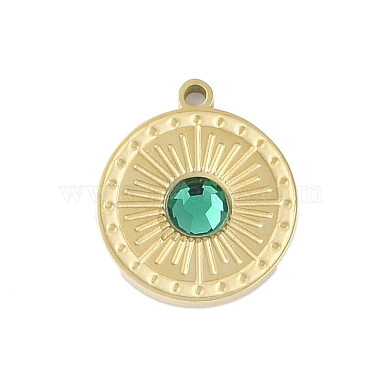 Real 18K Gold Plated Light Sea Green Flat Round Stainless Steel+Glass Charms