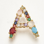 Brass Micro Pave Cubic Zirconia Pendants, Cadmium Free & Nickel Free & Lead Free, Letter, Colorful, Golden, Letter.A, 20.5x18x6mm, Hole: 3x2mm(ZIRC-S061-64A)