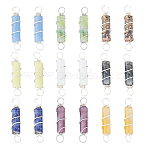 18Pcs 9 Styles Natural Mixed Gemstone Copper Wire Wrapped Column Links Connector Charms, Silver, 25mm, 2pcs/style(PALLOY-FH00076)