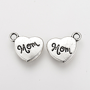 Mother's Day Theme, Tibetan Style Alloy Pendants, Heart with Word Mom, Cadmium Free & Nickel Free & Lead Free, Antique Silver, 15x17.5x2.5mm, Hole: 2.5mm, about 500pcs/1000g(TIBEP-Q078-45AS-NR)