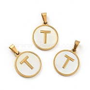 Vacuum Plating 304 Stainless Steel with White Shell Pendants, Golden, Flat Round with Letter Charm, Letter.T, 18x16x1.5mm, Hole: 3x6mm(STAS-G268-01T-G)