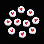 Opaque Acrylic Beads, Flat Round with Heart, Red, 7x4mm, Hole: 1.8mm, 380pcs/50g(X-ACRP-T004-02A)