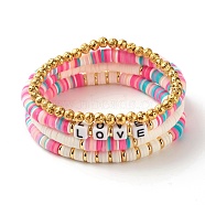 Polymer Clay Heishi Beads Bracelets Set, Natural Lava Rock Beads Stone Bracelets, Love Word Acrylic Beads Bracelets for Women Girl, Deep Pink, Inner Diameter: 2-1/4~2-1/2  inch(5.8~6.5cm), 4Pcs/set(BJEW-JB07242-03)