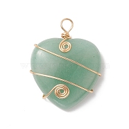 Natural Green Aventurine Copper Wire Wrapped Pendants, Heart Charms, Light Gold, 37.5~39x31~31.5x9~9.5mm, Hole: 4.5mm(PALLOY-JF02042-02)