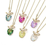 Tiger with Bowknot Light Gold Brass Micro Pave Cubic Zirconia Pendant Necklaces, with Glass, Mixed Color, 16.42 inch(41.7cm)(NJEW-E105-22KCG)