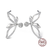 Rhodium Plated 925 Sterling Silver Stud Earring Findings, Butterfly, for Half Drilled Beads, with S925 Stamp, Real Platinum Plated, 13.5x9mm, Pin: 11x0.9mm and 0.6mm(STER-M115-11P)