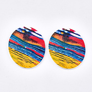 Printed Wooden Big Pendants, Dyed, Oval, Colorful, 63x50x2.5mm, Hole: 1.2mm(WOOD-S050-11A-15)