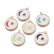 Brass Micro Pave Clear Cubic Zirconia Pendants, with Enamel and Jump Rings, Real 18K Gold Plated, Flat Round & Moon & Eye, Mixed Color, 24x21.5x2mm, Hole: 3mm(ZIRC-I046-08)