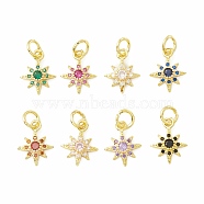 Rack Plating Brass Micro Pave Cubic Zirconia Pendants, Long-Lasting Plated, Real 18K Gold Plated, Cadmium Free & Lead Free, Sun, Mixed Color, 12.5x10x3mm, Jump Ring: 5x1mm, 3mm Inner Diameter(KK-H428-09G)
