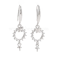 925 Sterling Silver Earring Hooks, with Clear Cubic Zirconia, Ring with Butterfly, for Half Drilled Beads, Platinum, 32mm, Pin: 0.7mm and 0.6mm, Tray: 6x3mm(STER-D035-37P)