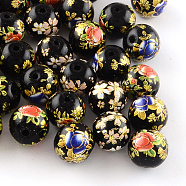 Mixed Flower Picture Printed Glass Round Beads, Black, 12mm, Hole: 1.5mm(GFB-R004-12mm-M21)