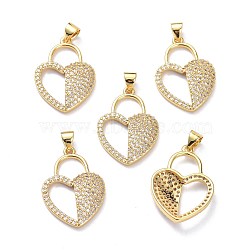 Brass Micro Pave Clear Cubic Zirconia Pendants, Long-Lasting Plated, Heart Lock, Real 18K Gold Plated, 25.5x18x4mm, Hole: 5x3mm(ZIRC-L100-126G)